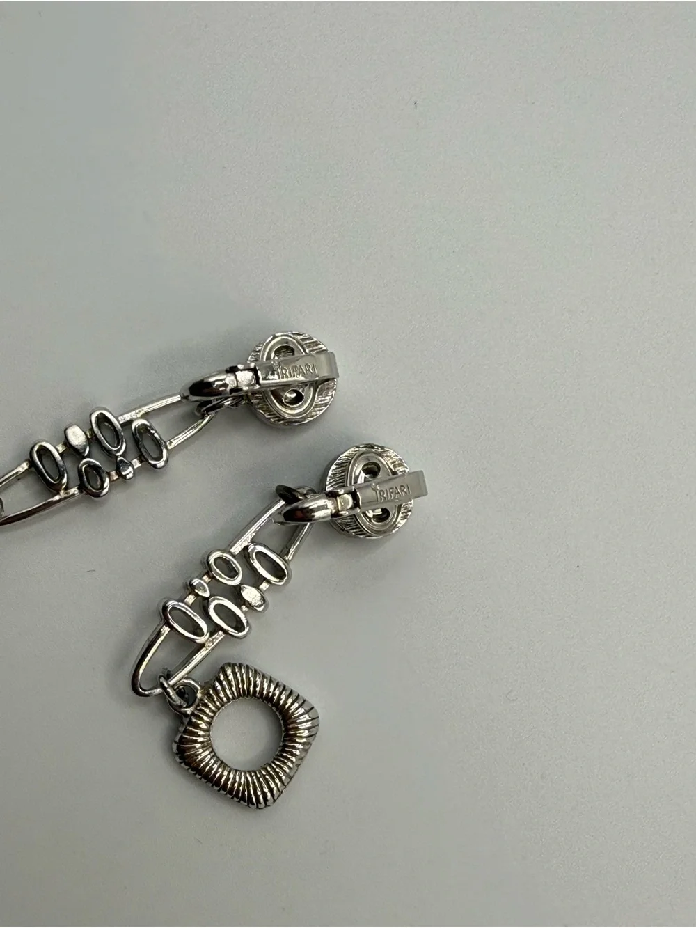 Vintage Crown Trifari Silver Tone Geometric Drop Clip On Earrings 1960s Mod Rare